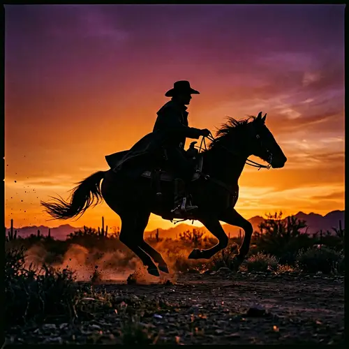 Cowboy Riding Horse Silhouette at Sunset | Old West Scene Art