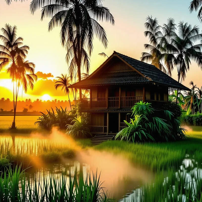 Vietnamese Cottage in Rural Vietnam with Bamboo Trees and Sunset Light