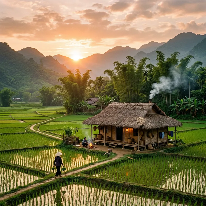Vietnamese Cottage in Rural Vietnam with Bamboo Trees and Sunset Light