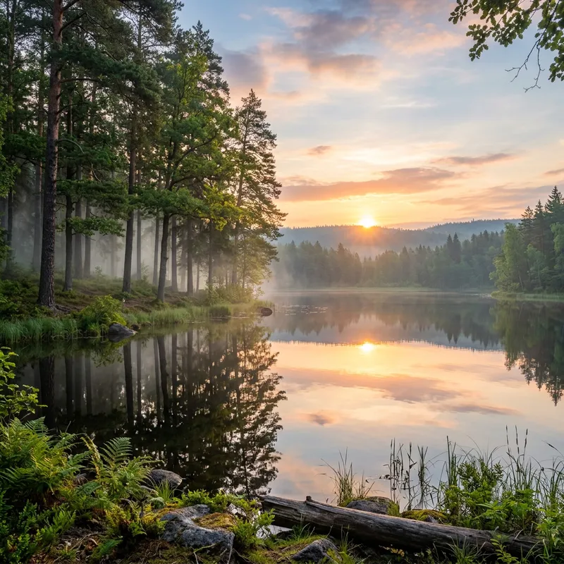 Serene Sunrise in Lush Forest: Tranquil Natural Beauty