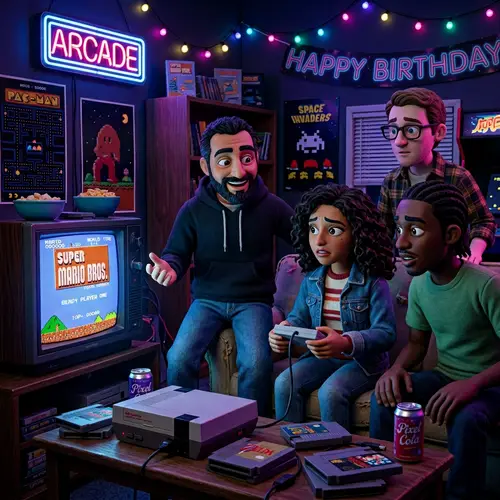 Vintage Gaming Console Scene with Diverse Friends | Nostalgic Gaming Culture