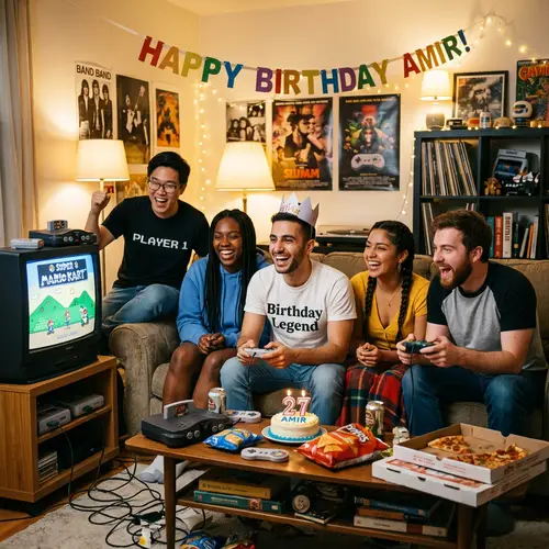 Young Millennial Guy Playing Retro Video Games with Friends on Birthday