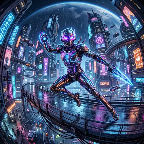 Cyberpunk Metallic Alien in Futuristic City | Vibrant Neon Colors