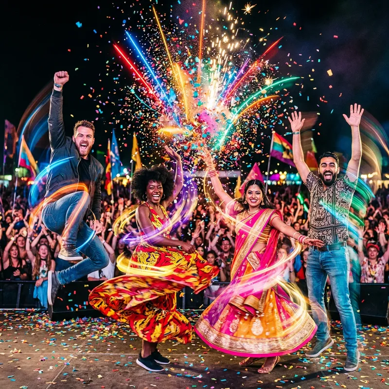 Vibrant Celebrations: Dynamic Colors and Joyful Movement