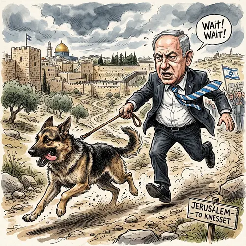 Netanyahu's Caricature with Leashed Dog