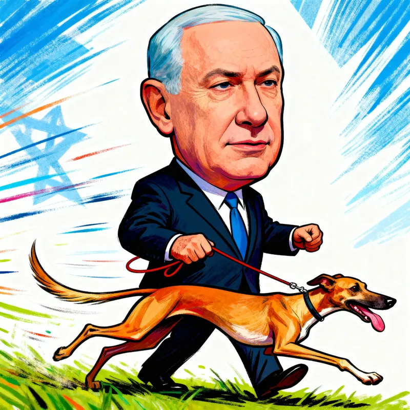 Netanyahu's Caricature with Leashed Dog