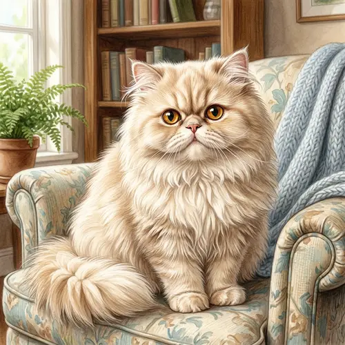 Detailed Persian Cat Illustration with Fluffy Cream Fur