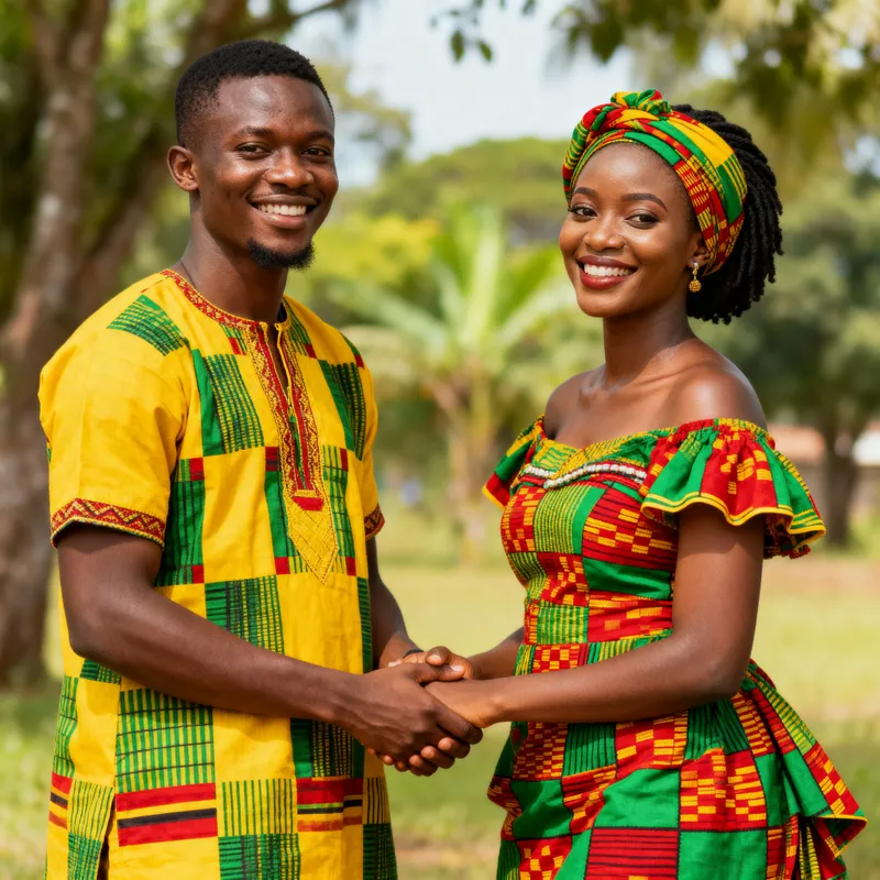 Joyful Ghanaian Couple in Vibrant Kente Attire