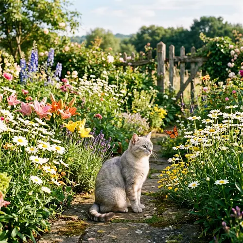 Cat in Garden Watching Butterfly - Enchanting Scene