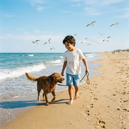Hispanic Boy and Dog Enjoying Beach Moment