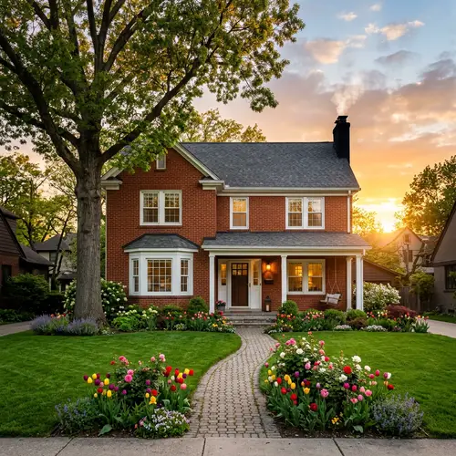 Suburban Two-Story House with Red Brick Exterior and Elegant Landscape