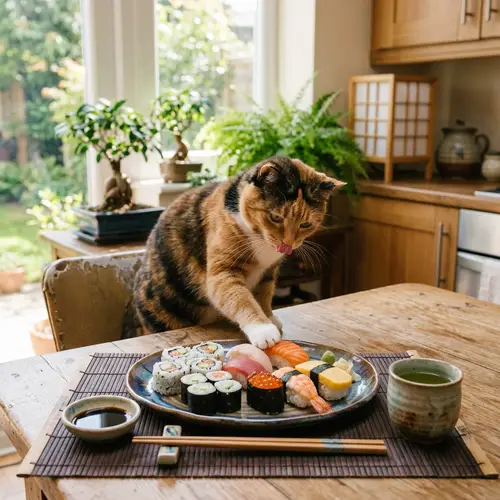 Ginger Cat Enjoying Sushi: Serenity at the Dinner Table