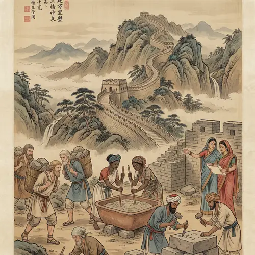 Ancient Chinese Painting of Great Wall Workers