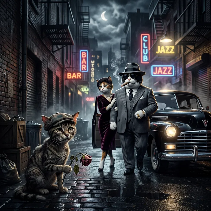Noir Feline Gangsters: A Smoky Alleyway Encounter Noir Feline Gangsters: A Smoky Alleyway Encounter