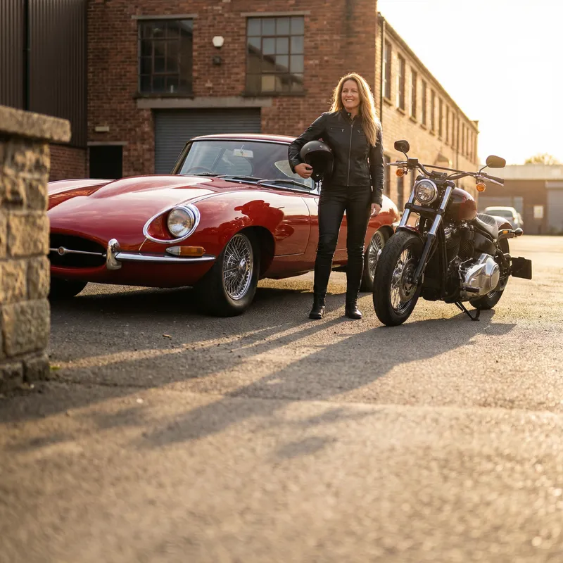 Powerful Woman in Leather by Red Car & Motorcycle Powerful Woman in Leather by Red Car & Motorcycle