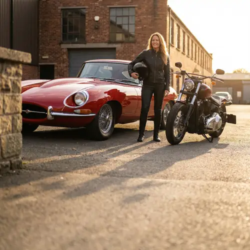 Powerful Woman in Leather by Red Car & Motorcycle