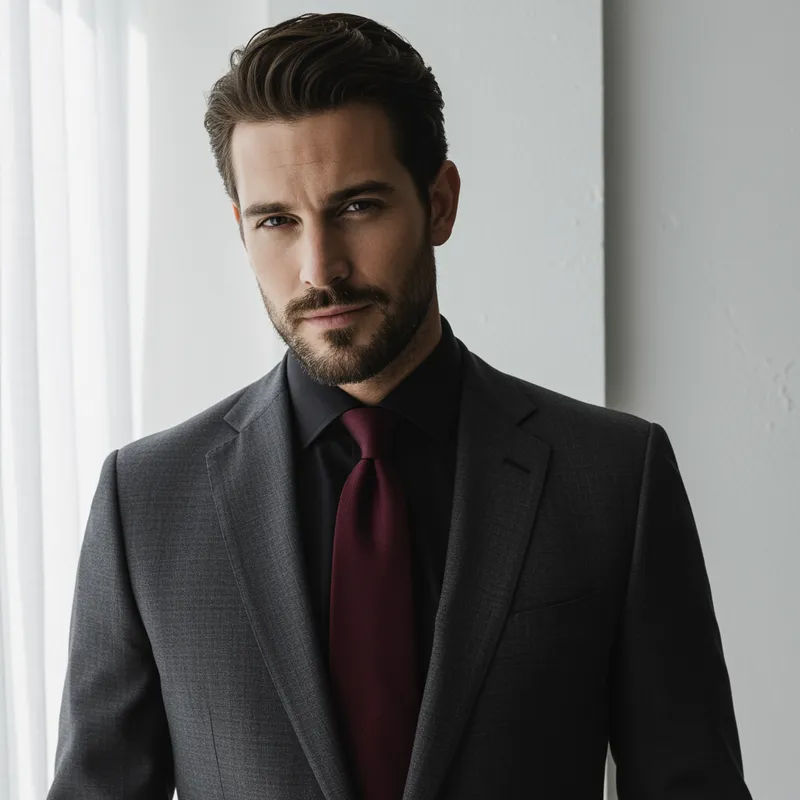 Stylish Man in Dark Grey Suit and Burgundy Tie