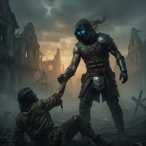 Muscular Warrior Extends Helping Hand in Post-Apocalyptic Scene