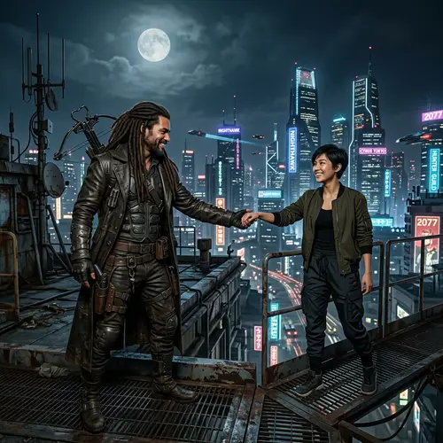 Futuristic Vampire Hunter and Asian Companion on Rooftops