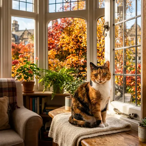 Calico Cat Basking in Sunlight | Autumn Colors View