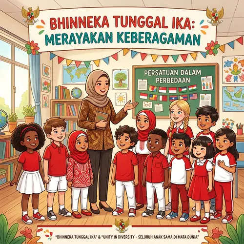 Educational Poster with Indonesian Teacher & Diverse Children