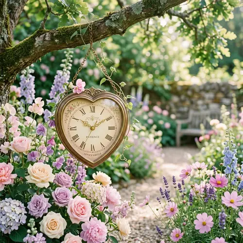 Love's Patience: Heart-Shaped Clock in Tranquil Garden