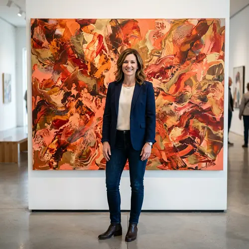 Caucasian Woman Standing Confidently Abstract Painting Orange Red Background