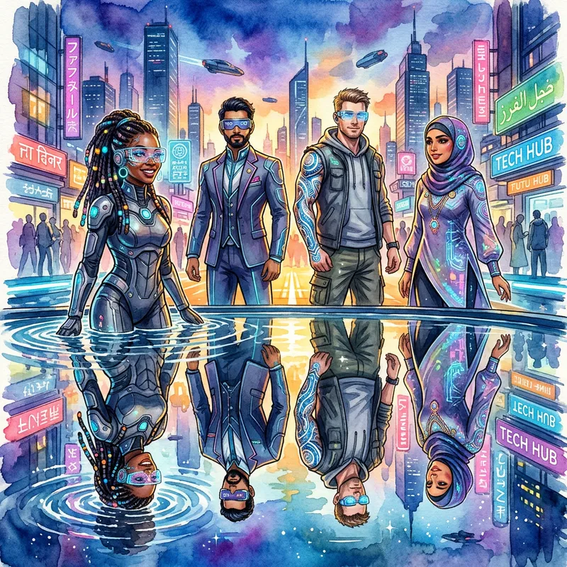 Futuristic Human Reflections Watercolor Art
