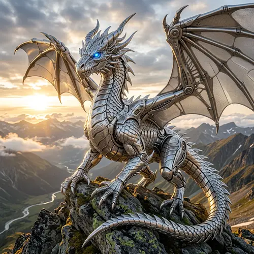 Majestic Aluminum Dragon Sculpture with Blue Eyes