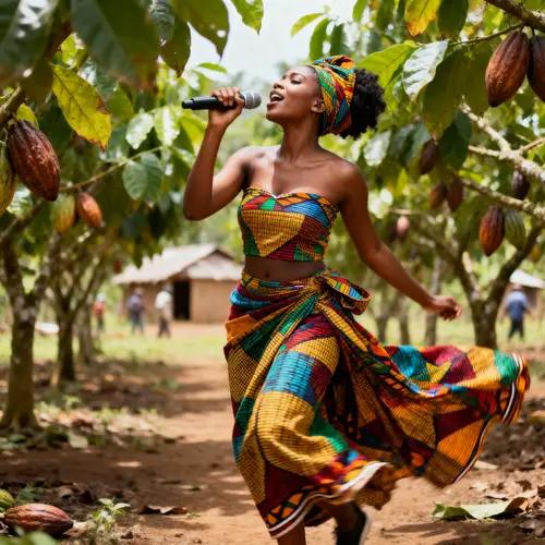 Woman in African Attire Singing on Cocoa Farm