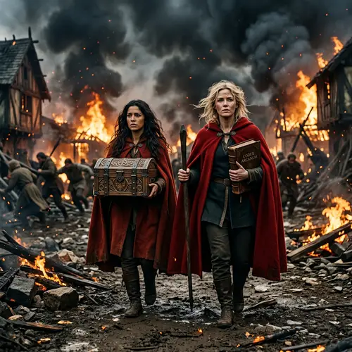 Women in Red Cloaks Amid Chaos: Symbolism of Knowledge and Mystery