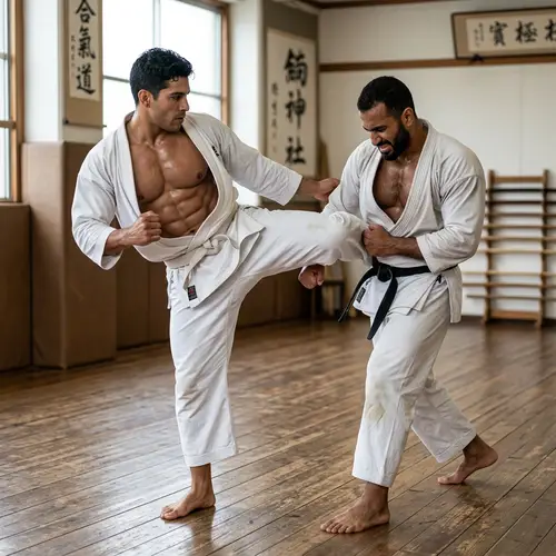 Hispanic vs Middle-Eastern Muscular Karate Practitioners Kicking Action