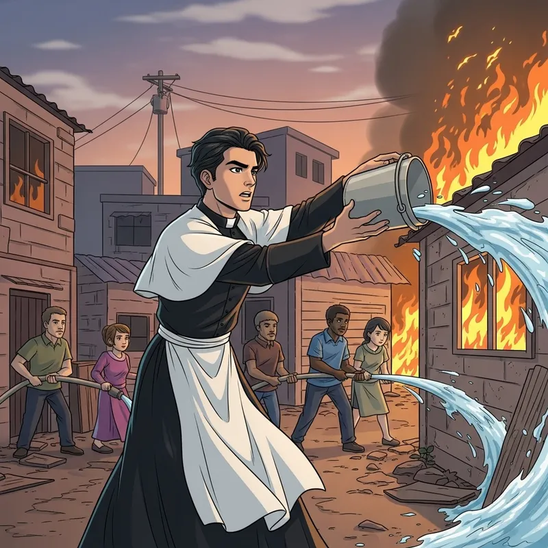 Determined Priest Fighting Fire in Multicultural Community