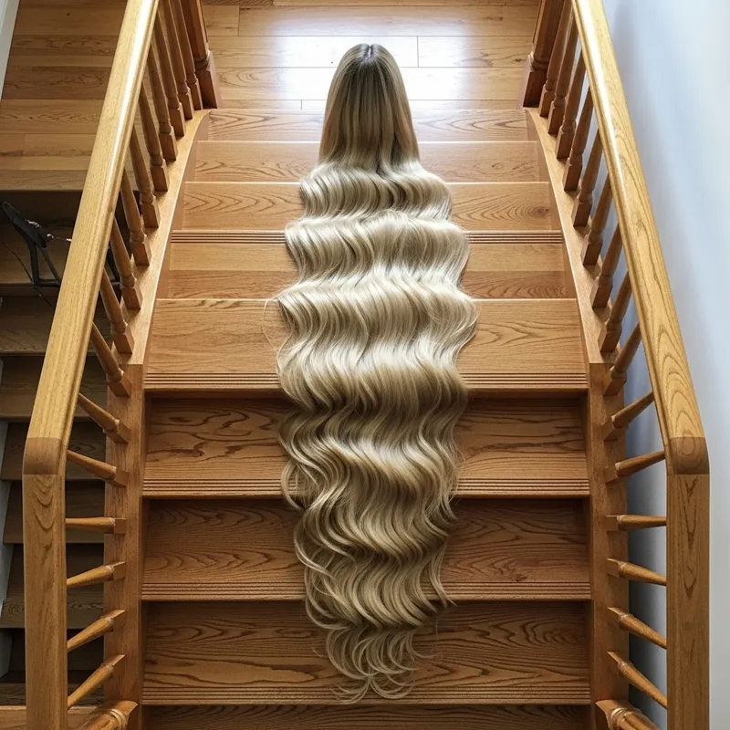 Immersive Long Hair Display on Wood Stairs | Top-View Glamour Immersive Long Hair Display on Wood Stairs | Top-View Glamour
