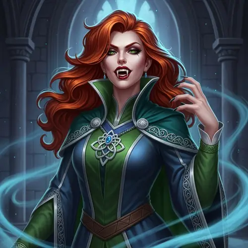 Enchanting Female Vampire in Medieval Garb with Fiery Chestnut Hair