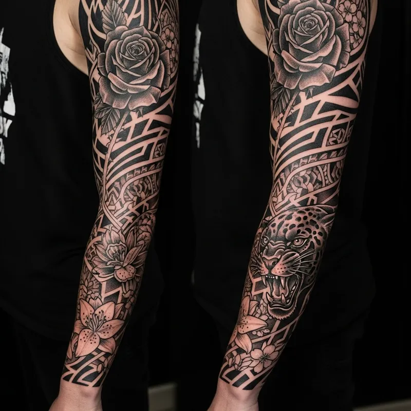 Intricate Black Tattoo Design with Flowers and Animals