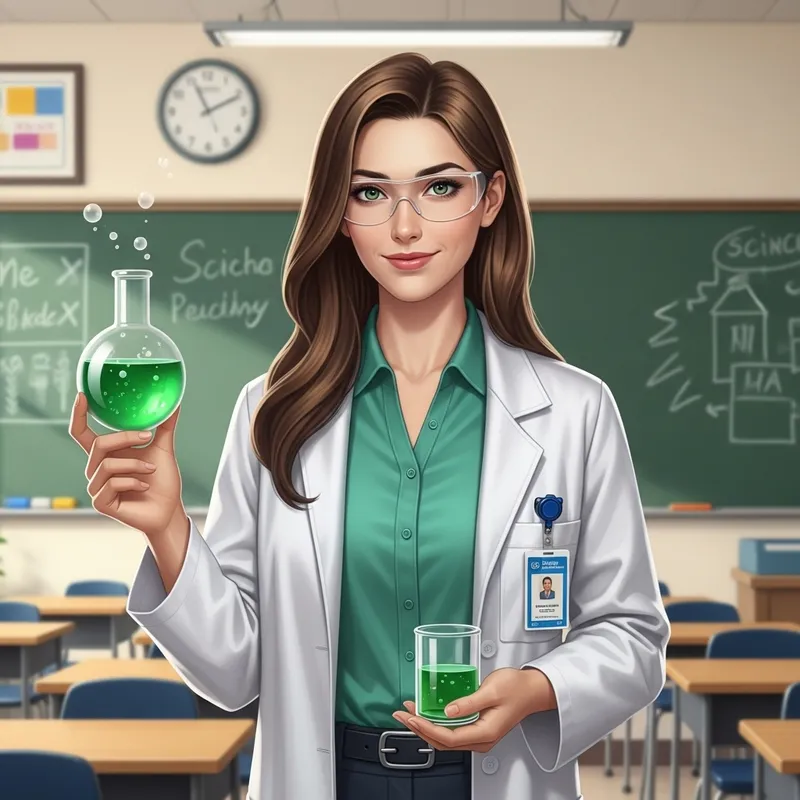 Tall Female Science Teacher with Brown Hair and Green Eyes - Classroom Educator