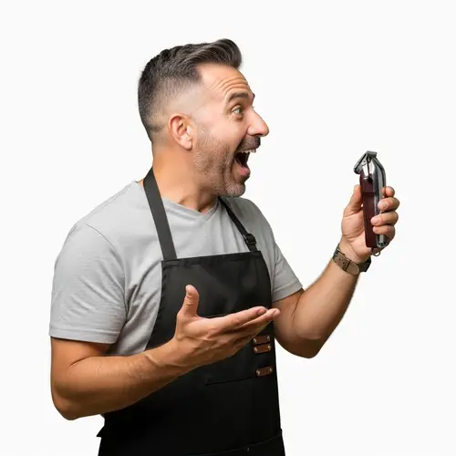 Hispanic Barber Holding Hair Clippers on White Background