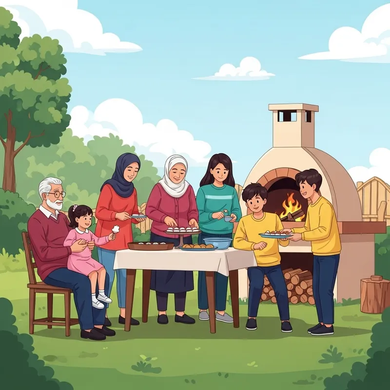 Joyful Family Gathering in Ancient Levantine Village for New Year Desserts