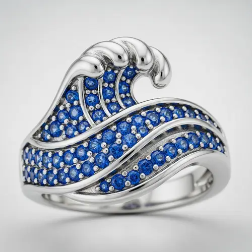 Intricately Designed Silver Ring with Blue Sapphires and Wave Detail