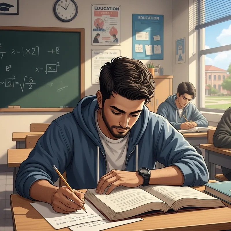 Middle-Eastern Male Student Absorbed in Classroom Studies