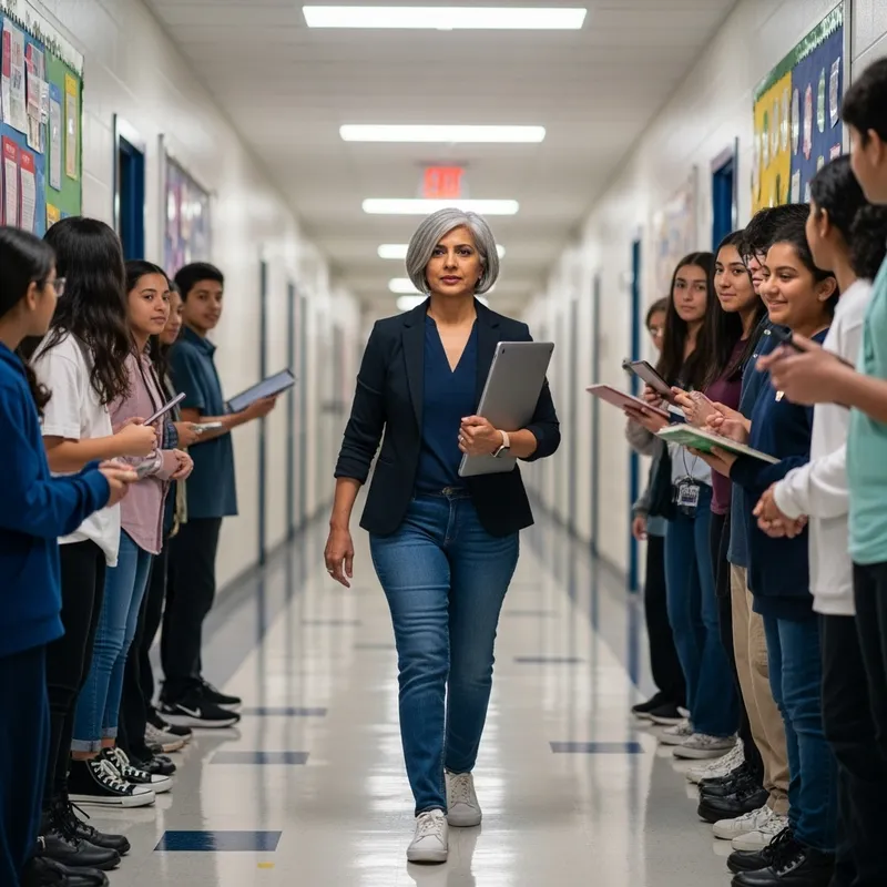 Experienced History Teacher in Blazer and Jeans, White Sneakers | 50 Yrs