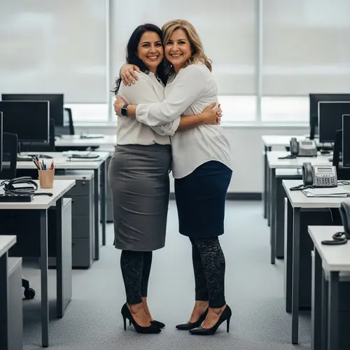 Diverse Women Embracing in Office: Plus Size, 50 Years Old