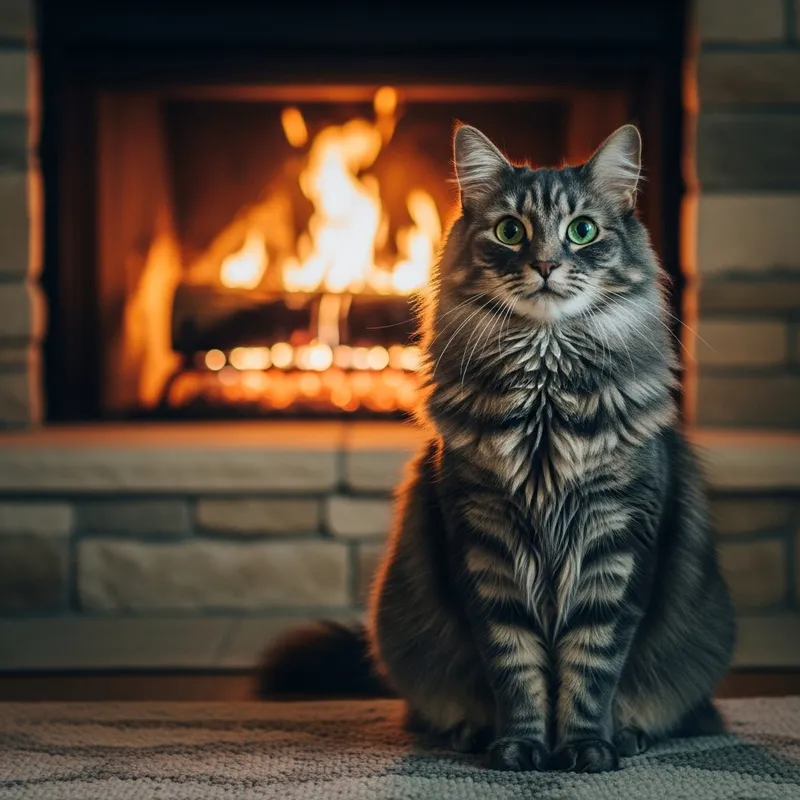 Graceful Cat by the Flickering Fire