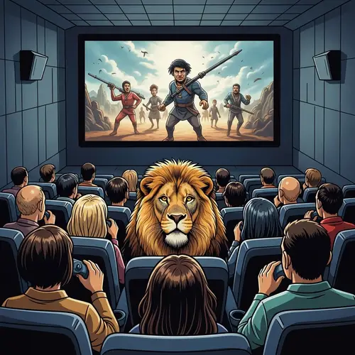 Diverse Audience in Cinema with Majestic Lion | Adventure Scene