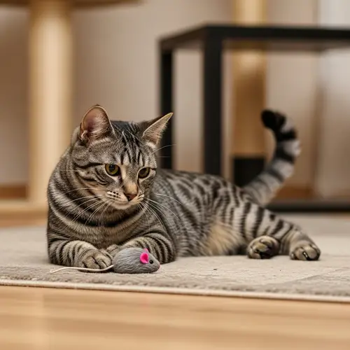 Grey and Black Striped Domestic Cat Relaxing on Rug