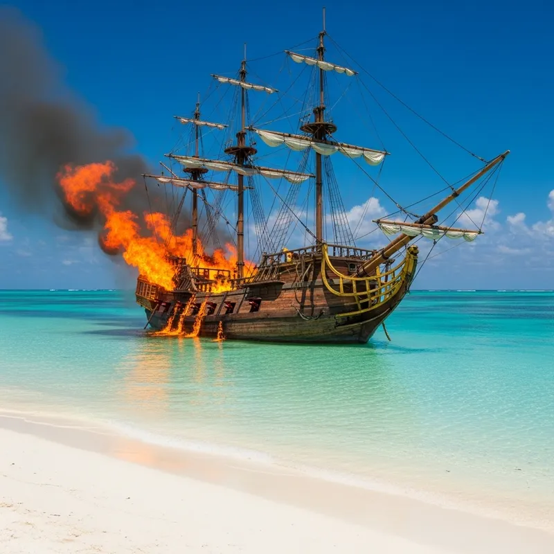 Pirate Ship Ablaze on Serene White Sand Beach
