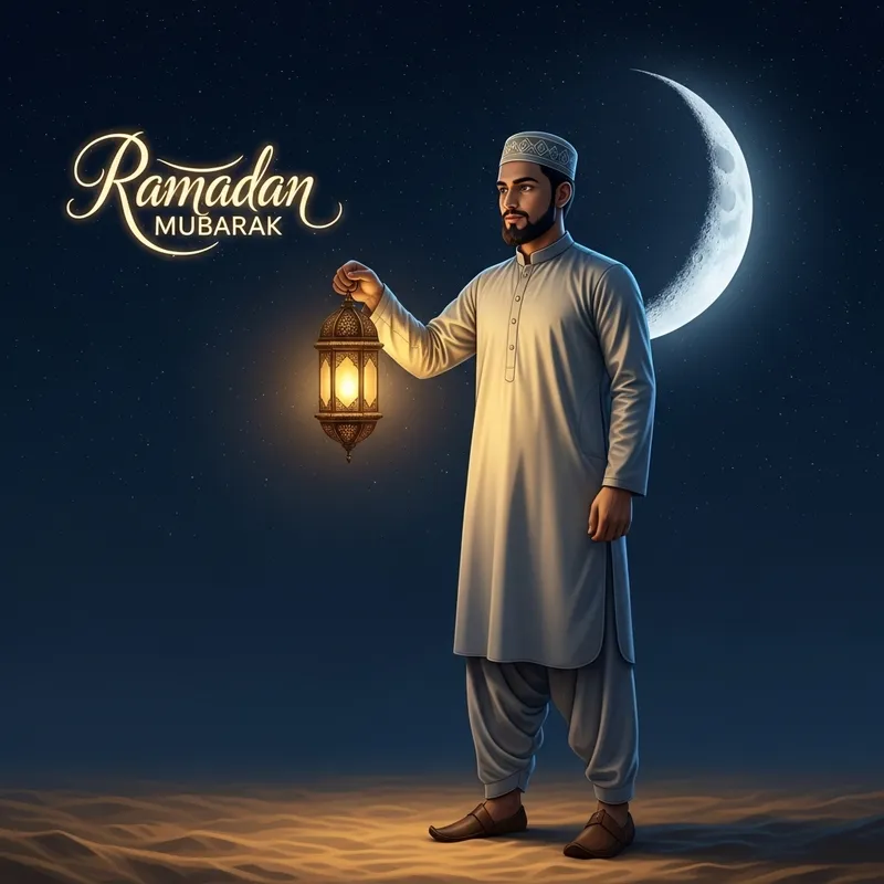 South Asian Muslim Man with Lantern - Ramadan Mubarak