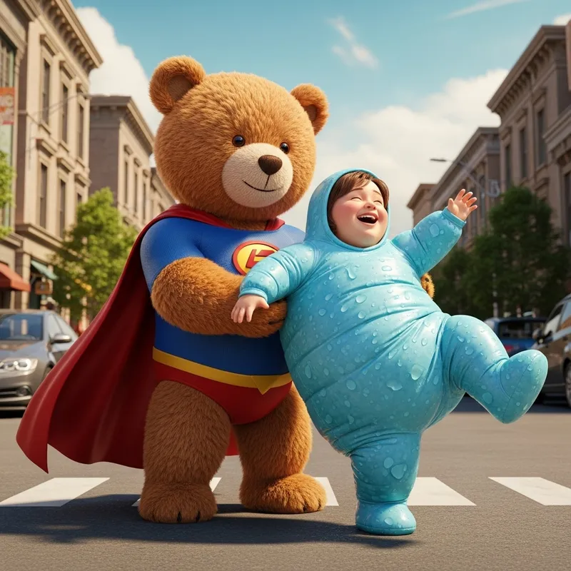 Heartwarming Scene: Teddy Bear Superhero with Joyful Woman in Puffed Attire