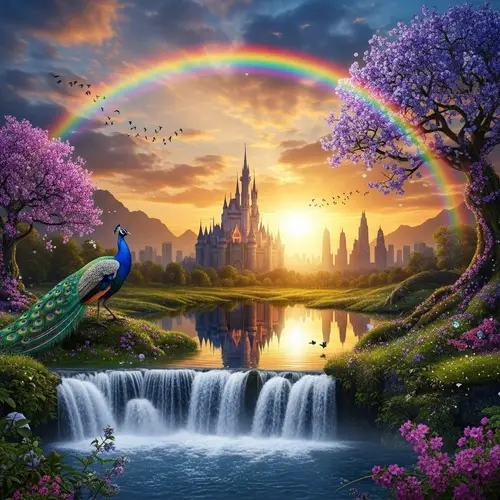 Dramatic Scene at Dusk: Majestic Castle, Vibrant Rainbow, Enchanted Forest